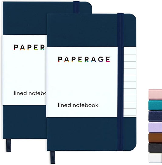 PAPERAGE Lined Pocket Journal Notebook, 2 Pack, (Navy), 160 Pages, Small Notebook, 3.6 inches x 5.6 inches - 100 GSM Thick Paper, Hardcover