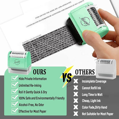 Miseyo Wide Identity Theft Protection Roller Stamp Set - Mint Green (3 Refill Ink Included)