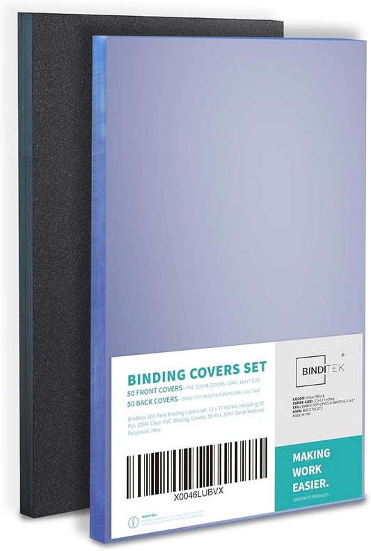 Binditek 100 Pack Binding Covers and Backs Set, 11 x 17 Inches, Including 50 Pcs 10 Mil Clear PVC Binding Covers, 50 Pcs 16 Mil Sand-Textured Polycovers, for Tabloid Size