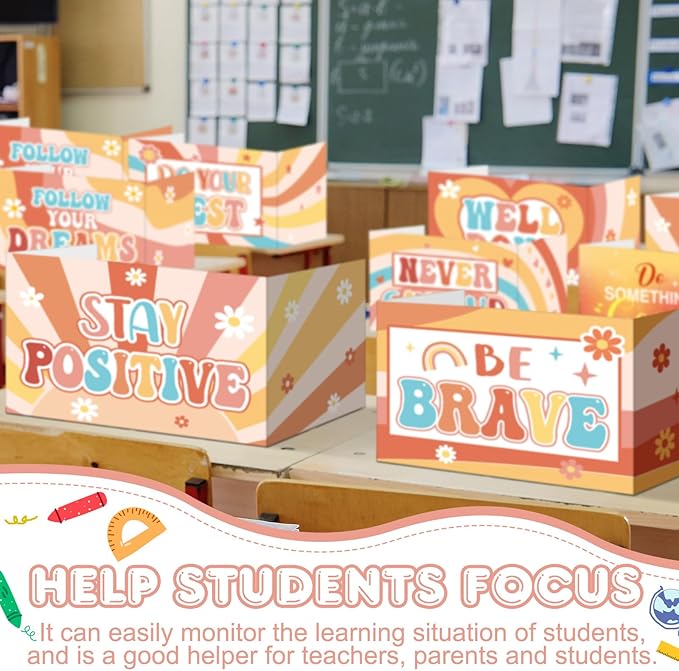 Honoson 24 Pcs Bulk Inspirational Privacy Folders for Students Cardboard Test Privacy Boards Motivational Words Desk Dividers Shield for Classroom School Study Supplies, 6 Styles(Groovy)