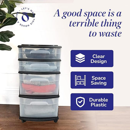 Homz Plastic 4 Clear Drawer Medium Home Organization Storage Container Tower with 2 Large Drawers and 2 Small Drawers, Black Frame (2 Pack)