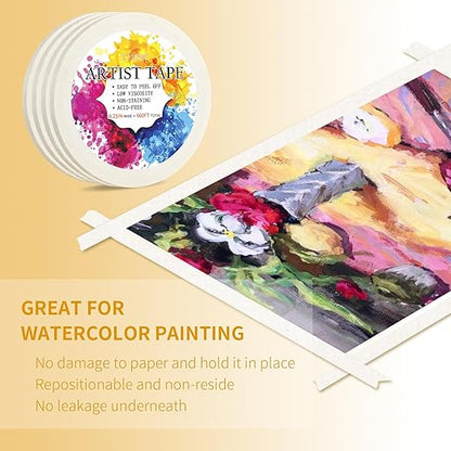 4 Packs White Artist Tape for Watercolor Paper Drafting Art Low Tack Masking Tape Acid Free Painter Watercolor Tape for Painting Canvas Framing, 0.25inch Wide 660FT Long Total