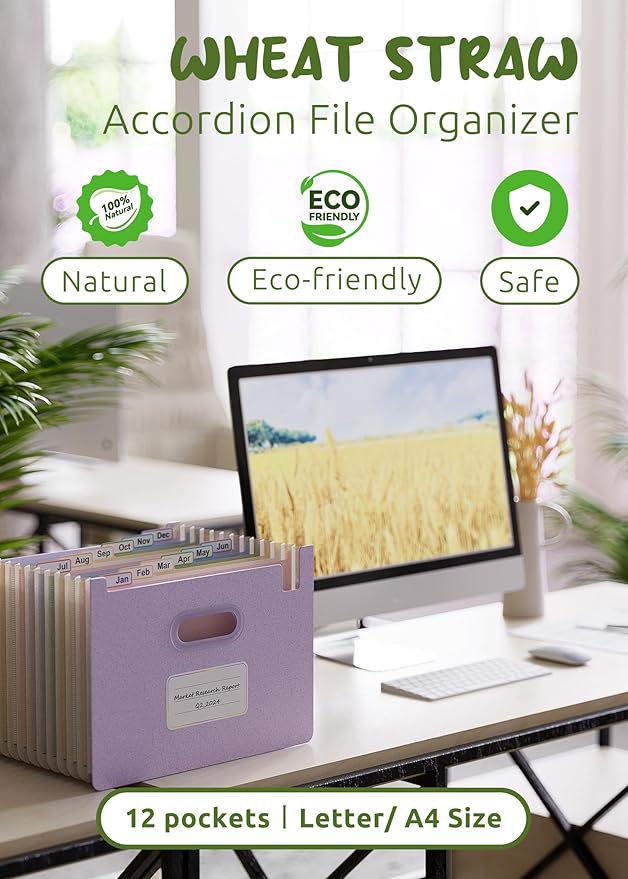 Accordion File Organizer, 12 Pockets Wheat Straw Expanding File Folders, Upright&Open Top, Monthly Bill Receipt Organizer, 100% BPA Free,Return to Nature,Healthy Living, Letter/A4 Size-Lavender Purple
