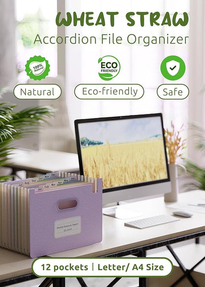 Accordion File Organizer, 12 Pockets Wheat Straw Expanding File Folders, Upright&Open Top, Monthly Bill Receipt Organizer, 100% BPA Free,Return to Nature,Healthy Living, Letter/A4 Size-Lavender Purple
