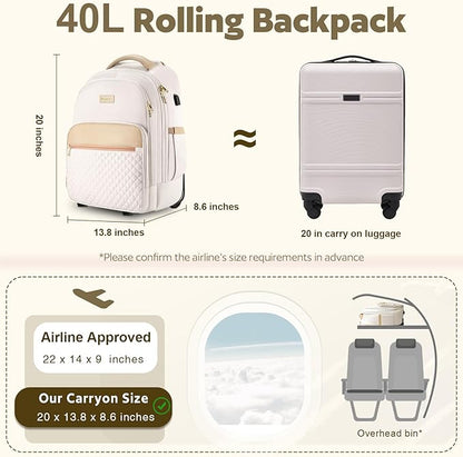 Rolling Backpack For Adults With Wheels, 40L Wheeled Backpack For Women, Travel Roller Backpack, Carry On Luggage, Rolling Bag, Beige
