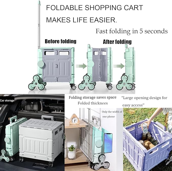Foldable Utility Cart,Folding Portable Rolling Crate Handcart with Lid,Collapsible Aluminium Alloy Telescoping Handles,8 Wheels for Travel Shopping Climbing Stairs Moving Storage Office Use