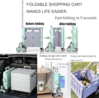 Foldable Utility Cart,Folding Portable Rolling Crate Handcart with Lid,Collapsible Aluminium Alloy Telescoping Handles,8 Wheels for Travel Shopping Climbing Stairs Moving Storage Office Use