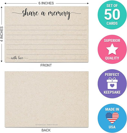 321Done Share a Memory Card, Made in USA - 4x6 Kraft Tan, for Celebration of Life, Birthday, Anniversary, Memorial, Funeral, Graduation, Bridal Shower Game - Set of 50
