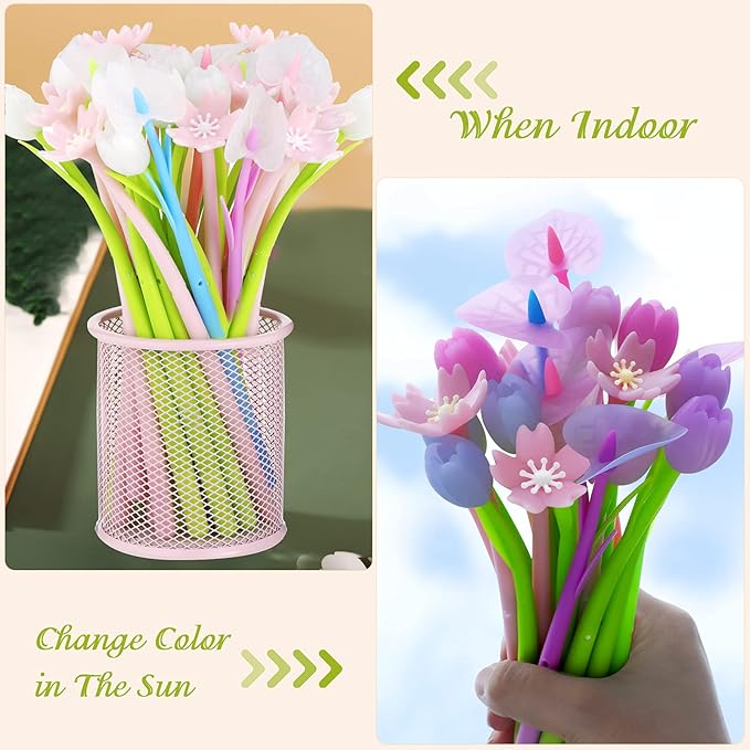 18 Pieces Color Changing Flower Pens Colorful Gel Ink Ballpoint Rose Pens for School Home Office Presents(Cherry Blossom Tulip Calla Lily Style)