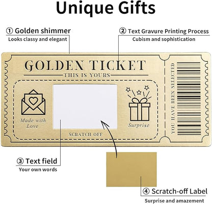 6 Pieces Golden Ticket Scratch-off Cards with Envelopes, Scratch & Reveal Surprise Ticket for Writing Your Own Special for Birthday, Girlfriends, Wives, Valentine's Day Card, Christmas Gift Card