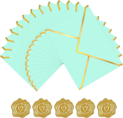60 Pack Gold Envelopes 5x7 Light Blue, 250G Pearled Cardstock A7 Envelopes for Invitations Business Mailing Envelope with Gold Foil Border, A6 4x6 Envelopes for Wedding Baby Shower Cards