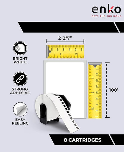 enKo - Compatible DK-2205 Continuous Paper Labels (2.4 Inch x 100 Feet) Compatible for Brother QL Label Printers - 24 Rolls with 8 Refillable Cartridge Frames