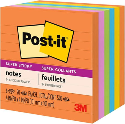 Post-it Super Sticky Lined Notes, 6 Sticky Note Pads, 4 x 4 in., School Supplies, Office Products, Sticky Notes for Vertical Surfaces, Monitors, Walls and Windows, Energy Boost Collection
