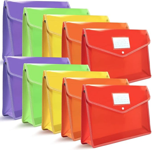 YoeeJob Plastic File Folders Legal Size Expandable Document Folder with Snap Button Closure, A4 Expanding File Wallet Envelopes Pouch with Label Pocket, 10 Packs, Muti-colored