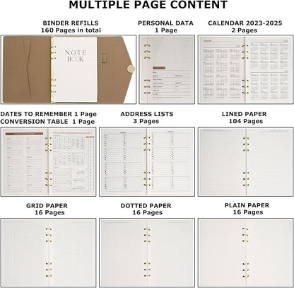 HXRTANGS PU Leather Notebook Binder Set A5, Refillable Writing Journal Planner Organizer with Paper Refills, Index Flags, Subject Dividers, Budget Stickers, Zipper Pocket and Bookmark Ruler, Khaki