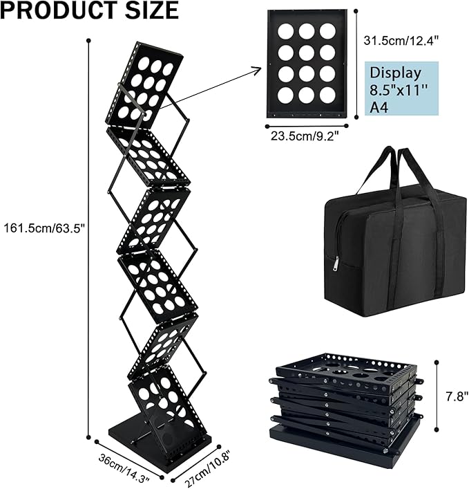6 Pockets Foldable Magazine Rack, Pop up Brochure Display Stand, Catalog Literature Rack with Carrying Bag, Metal Magazine Display for Trade Show Office, A4 Size