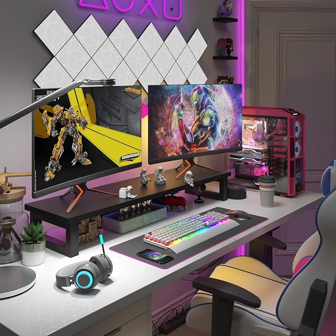 WESTREE Dual Monitor Stand Riser, Wood and Steel Monitor Stand Riser, Computer Monitor Stand for 2 Monitors, Multi-Purpose Desktop Storage Stand for Computer,Laptop,Printer,TV