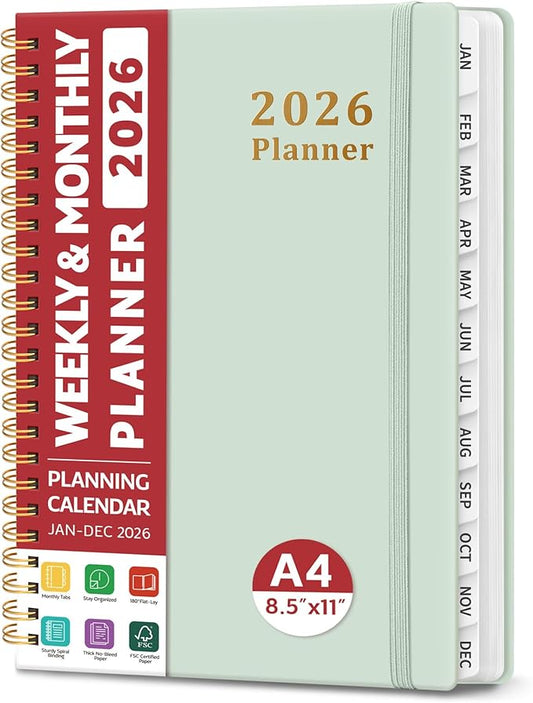 2026 Planner, Weekly and Monthly Calendar Planner, January 2026 - December 2026, Hardcover 2026 Calendar Planner Book with Tabs For Women & Men, Inner Pocket, Spiral Bound, Perfect for Office Home School Supplies - A4 (8.5" x 11"), Mint