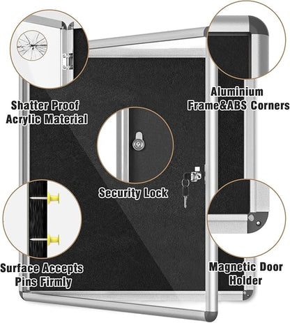 28"x26" Enclosed Bulletin Board, Lockable Weather-Resistant Aluminum Cork Noticeboard for School & Office, Silver Frame w/Black Flet