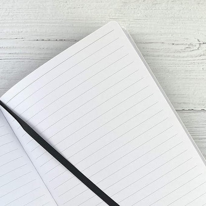 RICCO BELLO Wide Ruled Hardcover Diary Journal School Notebook for Kids, Tweens - Bookmark, Band Closure, Storage Pocket, 5.7 x 8.4 Inches, 192 Pages (Blue Shark)