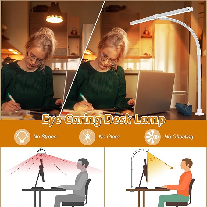 Double Head LED Desk Lamp with Anti-Glare Cover Tall Desk Lamps for Home Office 24W Brightest Computer Desk Light Office Lamp for Workbench Drafting Architect Study Reading with Clamp and Base