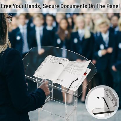 Acrylic Podium Stand，49“ Tall Portable Podium with Lockable Wheels, Clear lecterns & Podium with Storage Shelf for Classroom, Pulpit Podium for Church,Wedding,Presentation
