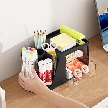 Marbrasse Desk Organizer with 2 Drawer, 360 Rotating Pen Holder, 6 Slots Pencil Organizer + 2 Drawer, Art Supply Storage Box Caddy for Office (Black)