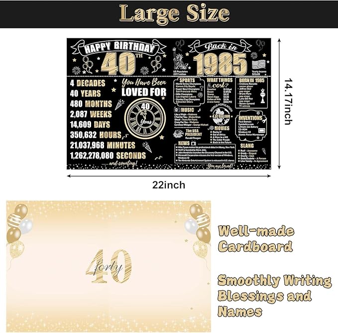 Large 40th Birthday Card With Envelope for Men Women, 1985 Black Gold Happy 40th Birthday Giant Guest Signature Book Gifts, Big Vintage 1985 40th Greeting Card Decoration Party Supplies