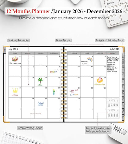 2026 Planner, Weekly and Monthly Calendar Planner from January 2026 - December 2026, 5.75" x 8.38" Hardcover Leather Hourly Appointment Book with Tabs, A5 Spiral Daily Planners for College School Work Home, Black