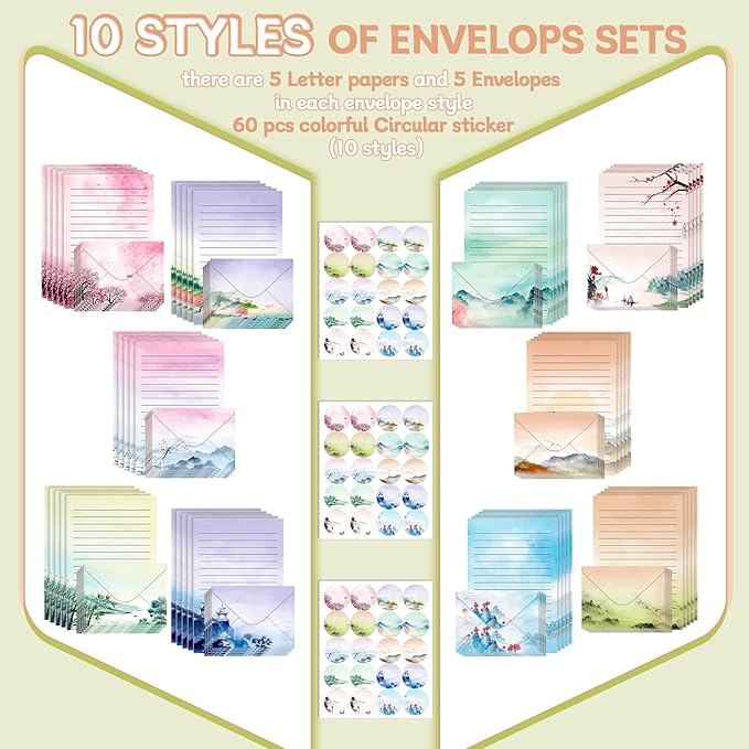 TaoBary 160 Packs Stationery Paper Set (50 Double Sided Stationery Writing Papers 50 Matching Envelopes) 60 Round Dot Sticker, 10 Design(Ink Painting,5.5 x 8.25 Inch)