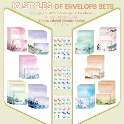 TaoBary 160 Packs Stationery Paper Set (50 Double Sided Stationery Writing Papers 50 Matching Envelopes) 60 Round Dot Sticker, 10 Design(Ink Painting,5.5 x 8.25 Inch)