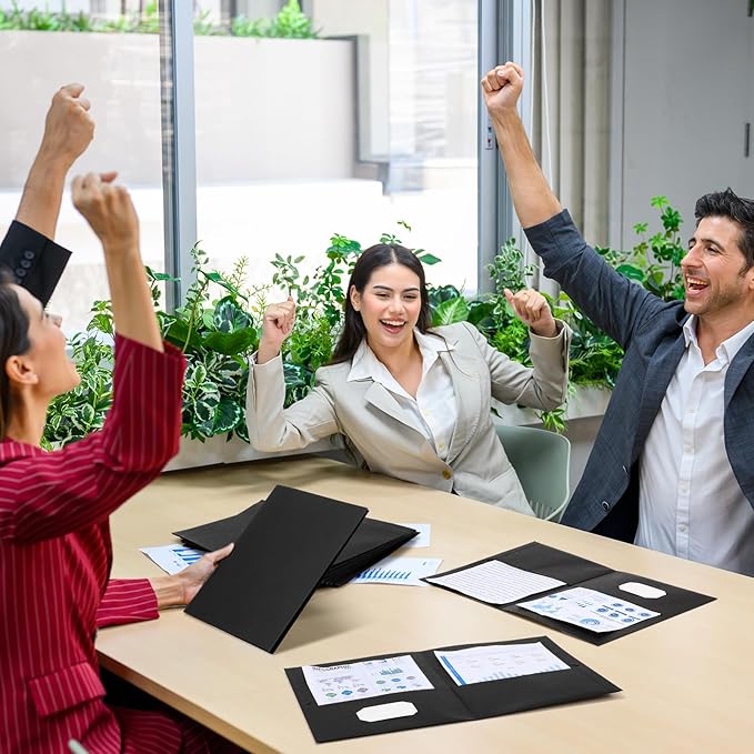 Harloon 75 Pack Two Pocket Portfolio Folders Bulk, 8.5 x 11 Inches Textured Paper with Business Card Slot Letter Size File Folders for Office School Classroom (Black)