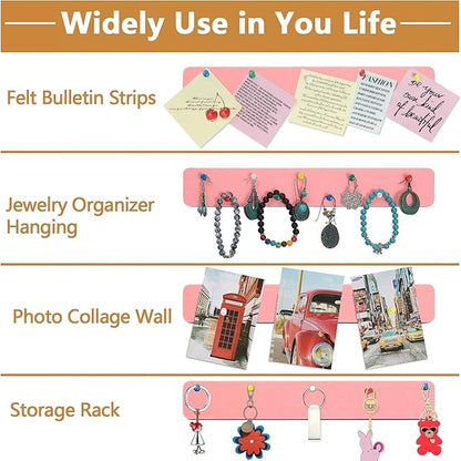 Felt Pin Board Bar Strips Bulletin Board for Bedrooms Offices Home Wall Decoration, Notice Board Self Adhesive Cork Board with 35 Push Pins for Paste Notes, Photos, Schedules