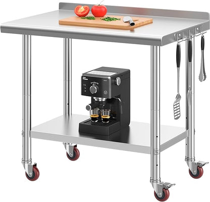 YITAHOME 36" x 24" Stainless Steel Table with Wheels for Prep & Work with Backsplash, NSF Metal Table Prep Table with Undershelf for Home Kitchen Restaurant Garage Warehouse