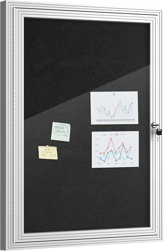 36"x24" Enclosed Bulletin Board, Outdoor Lockable Weather-Resistant Aluminum Cork Noticeboard for School & Office, Silver Frame w/Black Flet