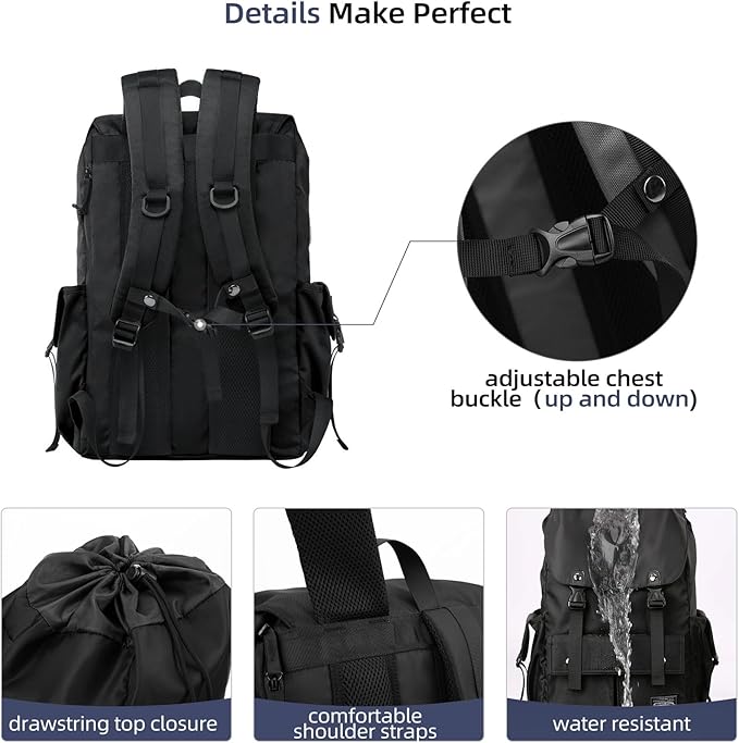 Black Backpack Men, 17.3 Inch Laptop Backpack for Men, Drawstring Anti-theft Waterproof Tech Backpacks with Laptop Compartment