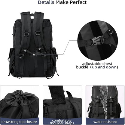 Black Backpack Men, 17.3 Inch Laptop Backpack for Men, Drawstring Anti-theft Waterproof Tech Backpacks with Laptop Compartment