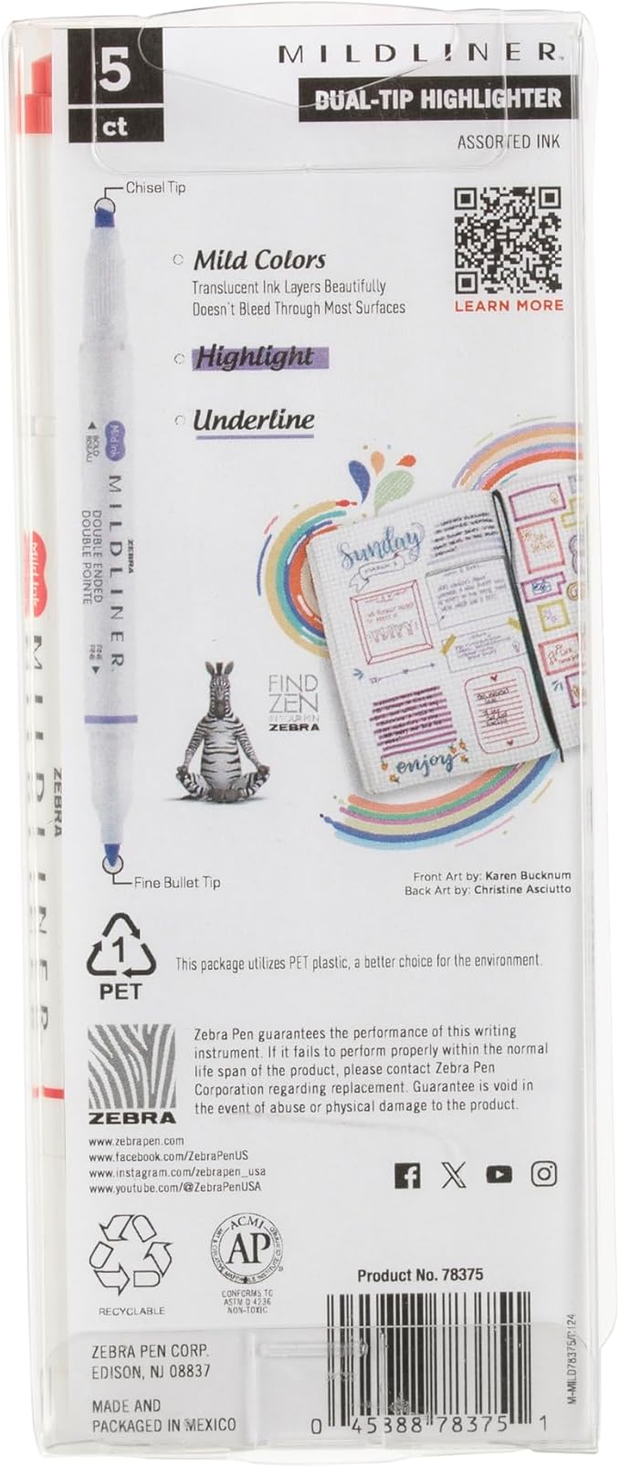 Zebra Pen Mildliner Double-Ended Highlighter Set, Broad and Fine Point Tips, Ideal for Bible Highlighting, No Bleed, Assorted Midnight Hibiscus Ink Colors, 5-Pack (78375)