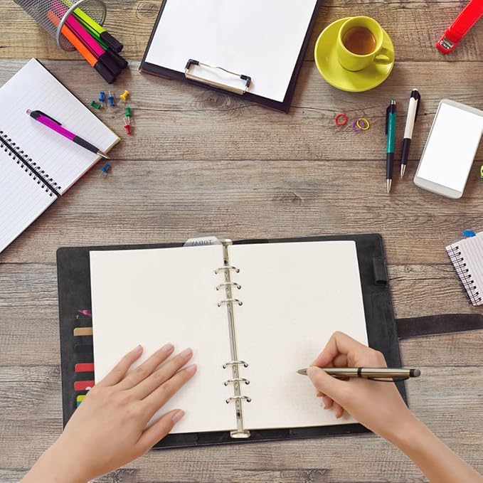 Wonderpool Leather Journal Refillable Binder A5 Writing Notebook Folder Organiser with Dotted Paper & Multi Pockets Cover for Business School Travel (A5, Black)