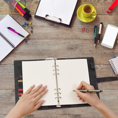 Wonderpool Leather Journal Refillable Binder A5 Writing Notebook Folder Organiser with Dotted Paper & Multi Pockets Cover for Business School Travel (A5, Black)