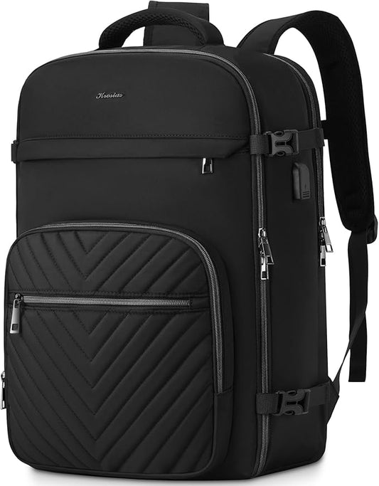 Travel Backpack for Women, Carry On Backpack for Airplanes Flight Approved, Waterproof Large Weekender Overnight Bag Fit 17 Inch Laptop, Black