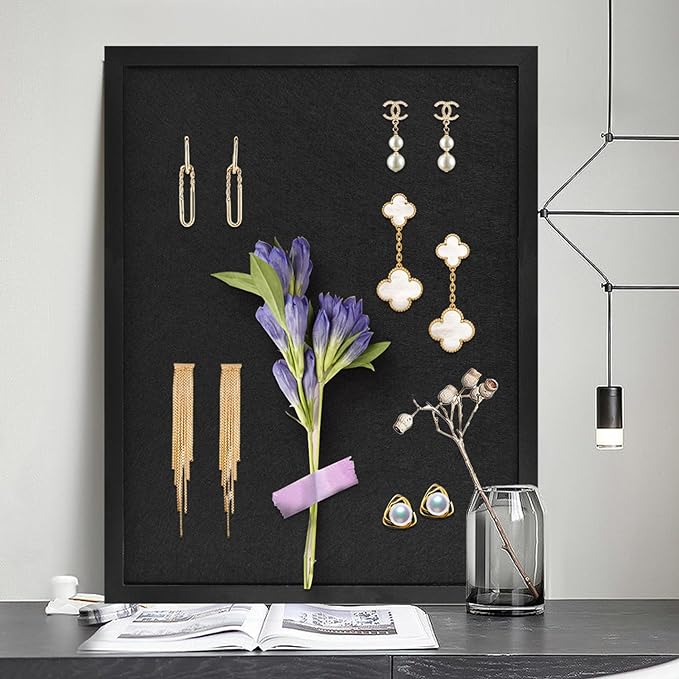 Black Bulletin Boards Cork Board with Felt, 17"x13" Small Display Pin Board Vision Board for Walls, Jewelry, Notes, Collection, Photos, Office, Wood Framed(Black) & Felt(Black), 1pc