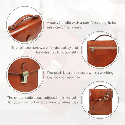 Time Resistance Small Leather Briefcase for Men - Crossbody Bag - Italian Leather Messenger Bag - Gift Box Included