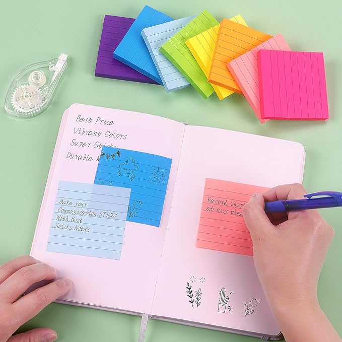 Eastern Wolf 8 Pads Lined Sticky Notes 3x3 Sticky Notes with Lines Self-Stick Note Pads 8 Bright Multi Colors, 85 Sheets/Pad