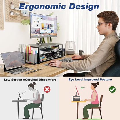 Desk Organizers and Accessories, 2-Tier Computer Monitor Stand for Desk Organizer with Drawer and 2 Pen Holders, Office Desk Accessories Workspace Desktop Organizers for Office Supplies, Pink