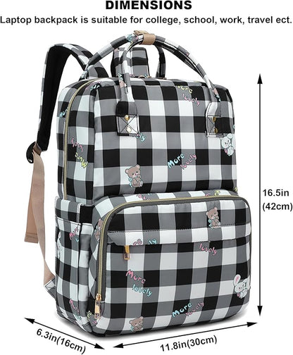 Checkered Laptop Backpack College Bookbag School Backpack for Women Girls, Travel Backpack 15.6 Inch Computer Backpacks (Bear Rabbit Black)