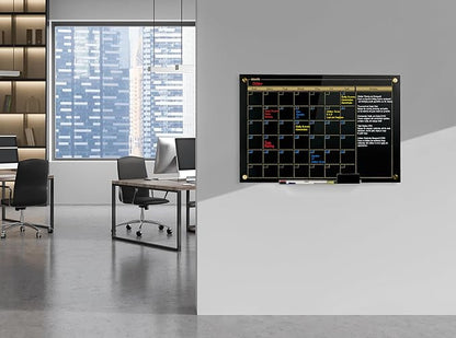 Real Glass Dry Erase Monthly Calendar, Extra Large 24" x 36", Tempered Glass Surface, Frameless Wall Mount, with 4 Assorted Color Markers and Eraser, by Better Office Products (Jet Black/Gold Print)