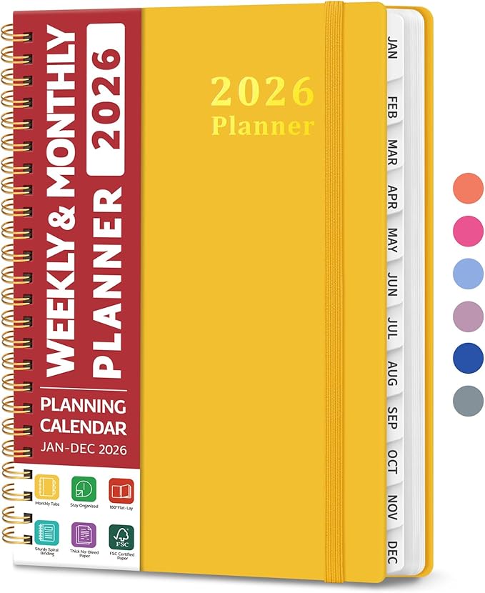 2026 Planner, Weekly and Monthly Calendar Planner, January 2026 - December 2026, Hardcover 2026 Calendar Planner Book with Tabs For Women & Men, Inner Pocket, Spiral Bound, Perfect for Office Home School Supplies - A5 (6.3" x 8.5"), Yellow