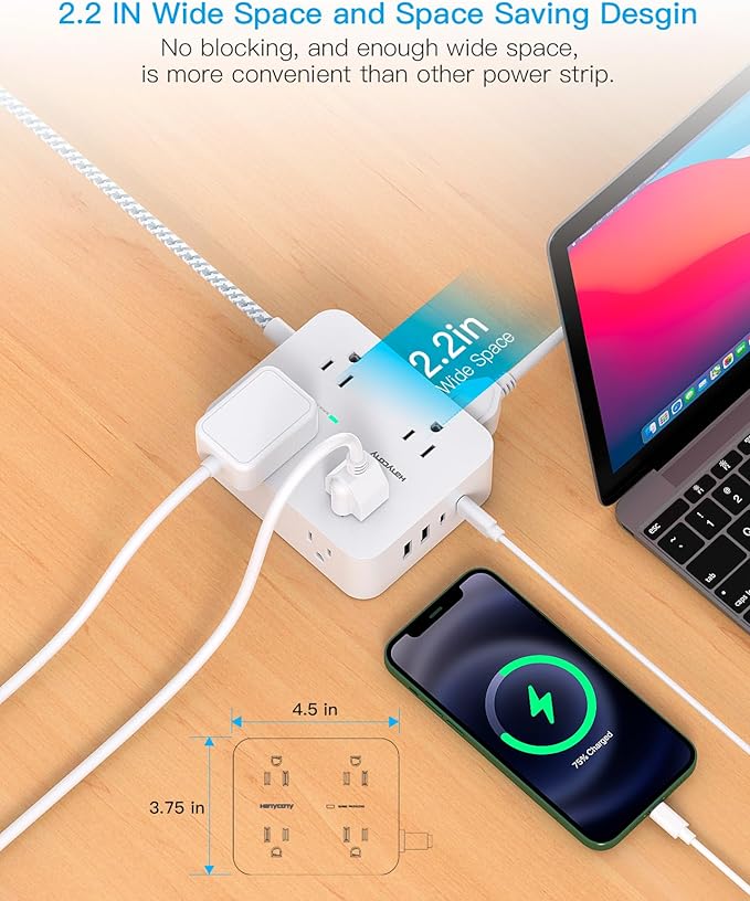 Extension Cord 20 Ft, Power Strip Surge Protector with 8 Outlets 4 USB Ports(2 USB C), Long Cord, Flat Plug, Wall Mount, Desk USB Charging Station for Home Office Essentials