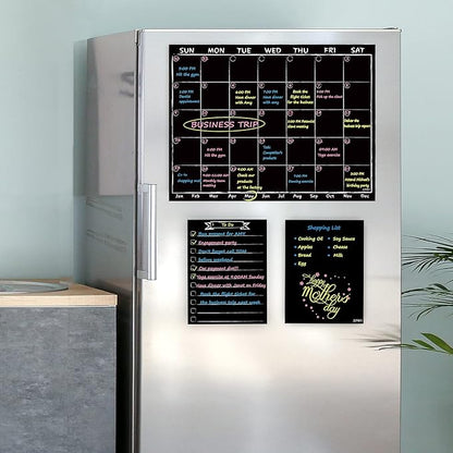 Magnetic Chalkboard Monthly Calendar with neon Bright Liquid Chalk Markers – Black Refrigerator Monthly Planning Board w/Bonus - Grocery List and Notepad for Kitchen Refrigerator